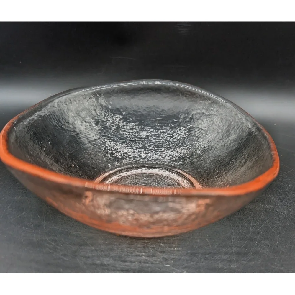 Signed Hand Blown Art Glass Textured Pink Clear Bowl Signed Centerpiece 7.5